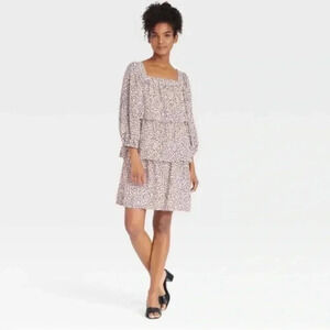 Who What Wear Womens Ruffle Mini Dress Bishop Sleeve Tiered Pink Black S NWT